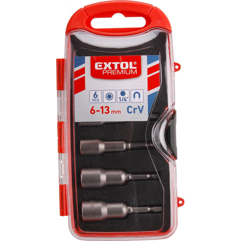 EXTOL PREMIUM behajtó klt. hatlapfejű csavarhoz 6db, 6-13mm (6-7-8-10-12-13mm), 65mm hossz, 1/4" hatszög befogás, mágneses, Cr.V.