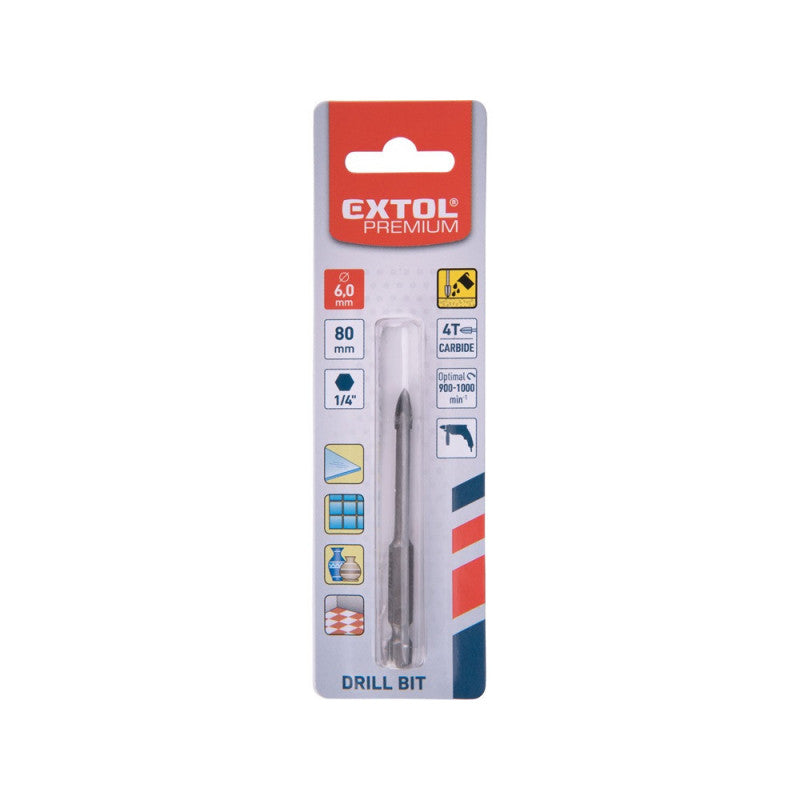 EXTOL PREMIUM fúró üvegre, kerámiára és csempére, keményfém lapkás; 6×80mm, 1/4" hatszög befogás