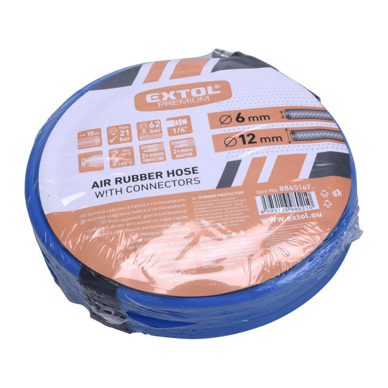 EXTOL PREMIUM légtömlő egyenes, 10m, kompresszorhoz, 1/4", átm.: 6 / 12 mm, max. 20 Bar, gyorscsatlakozókkal