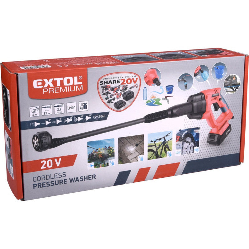 EXTOL PRMIUM akkus magasnyomású mosó, Share20V, 20V, Li-ion, 1db akku, 1db töltő, 2000 mAh, névl. nyomás: 22 Bar, max.120 liter/óra