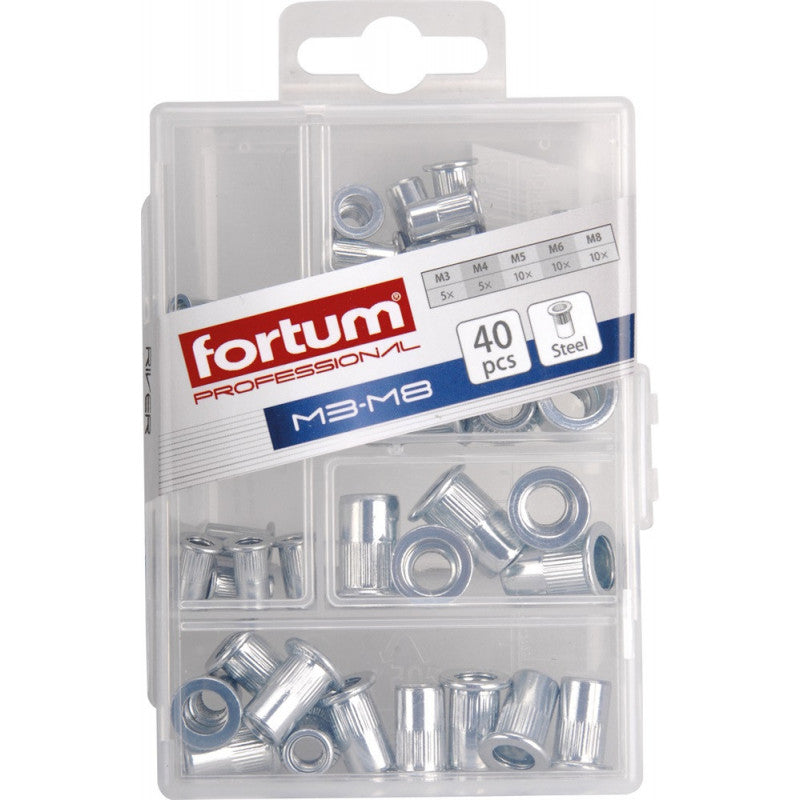 FORTUM szegecsanya klt. 40 db, M3-M8, POP-NUT, horganyzott acél, kerek, nyitott, lapos peremű FORTUM