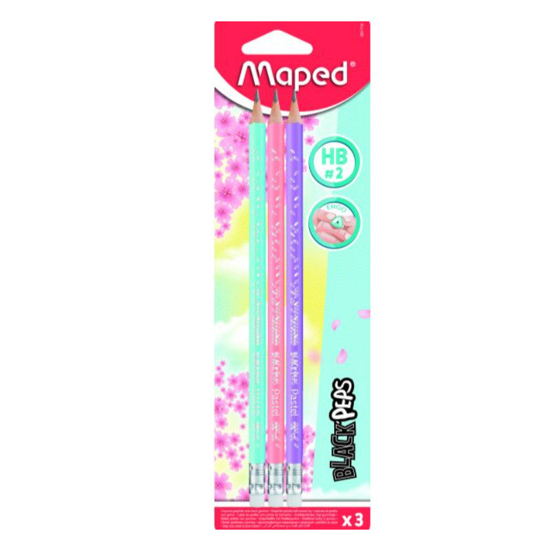 MAPED: Black Peps pasztell radírvégű háromszögletű grafitceruza készlet - HB 3 db