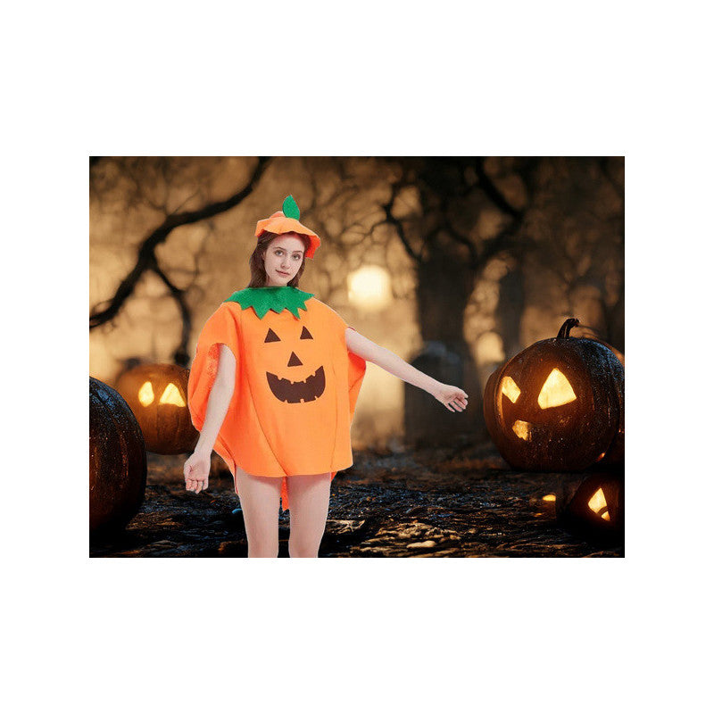 Tök jelmez álca Halloween-ra - gyerek és felnőtt méretben, aranyos narancssárga tök designnal, kiegészítőkkel.