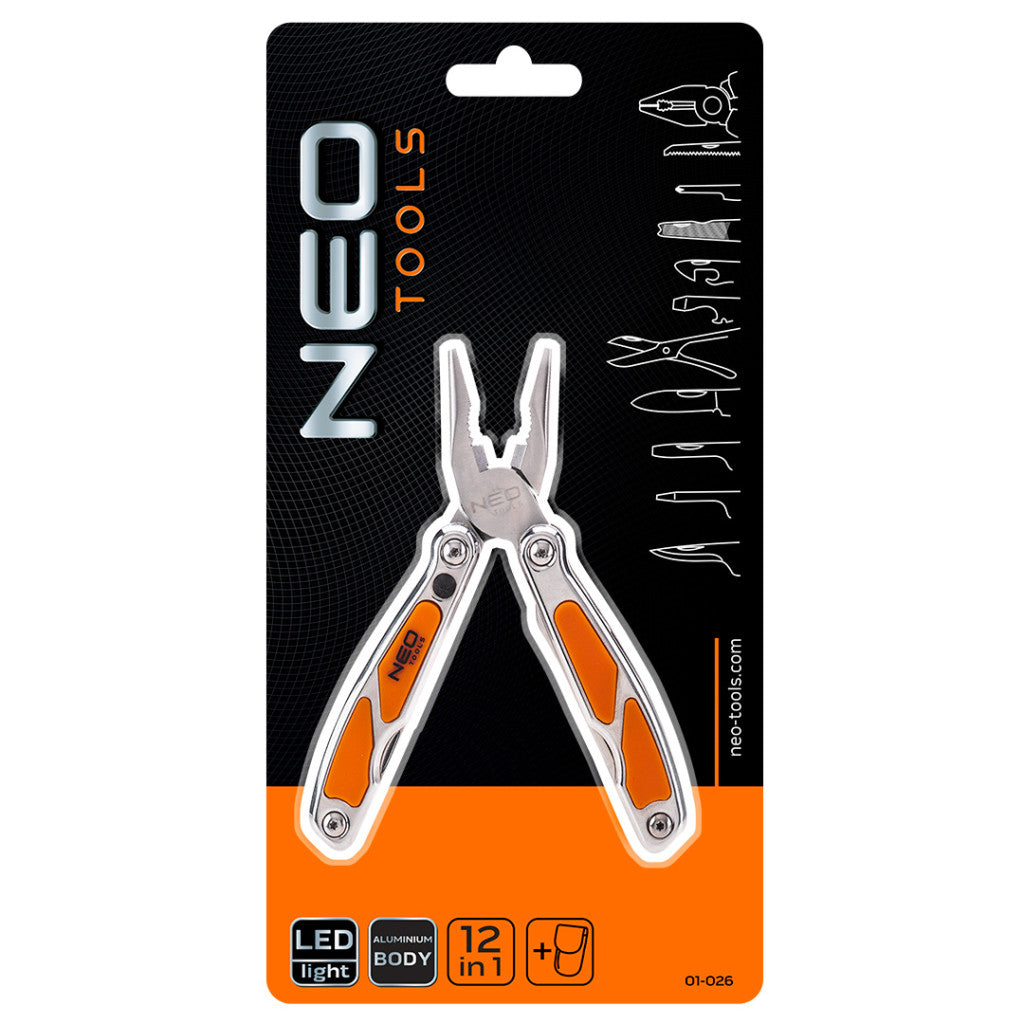 NEO TOOLS Multifunkciós szerszám, 12 funkció, beépített LED lámpa, nyitva/összecsukva: 155mm/100mm 01-026