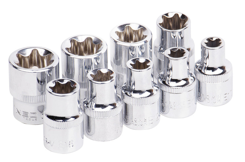 NEO TOOLS Torxkulcs készlet 9db, 1/2", E10 - E25 25 év garanciával 08-649