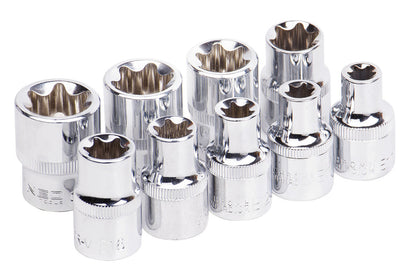 NEO TOOLS Torxkulcs készlet 9db, 1/2", E10 - E25 25 év garanciával 08-649