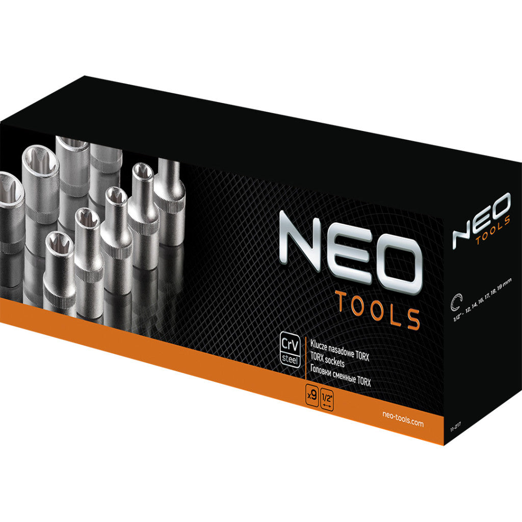 NEO TOOLS Torxkulcs készlet 9db, 1/2", E10 - E25 25 év garanciával 08-649