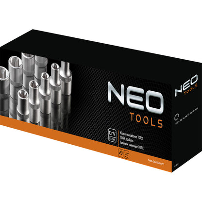 NEO TOOLS Torxkulcs készlet 9db, 1/2", E10 - E25 25 év garanciával 08-649
