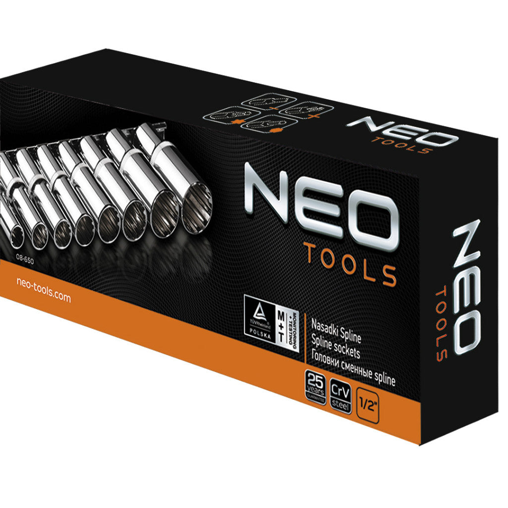 NEO TOOLS Dugókulcskészlet 8db 1/2" hosszú SPLINE 25 év garanciával 08-650
