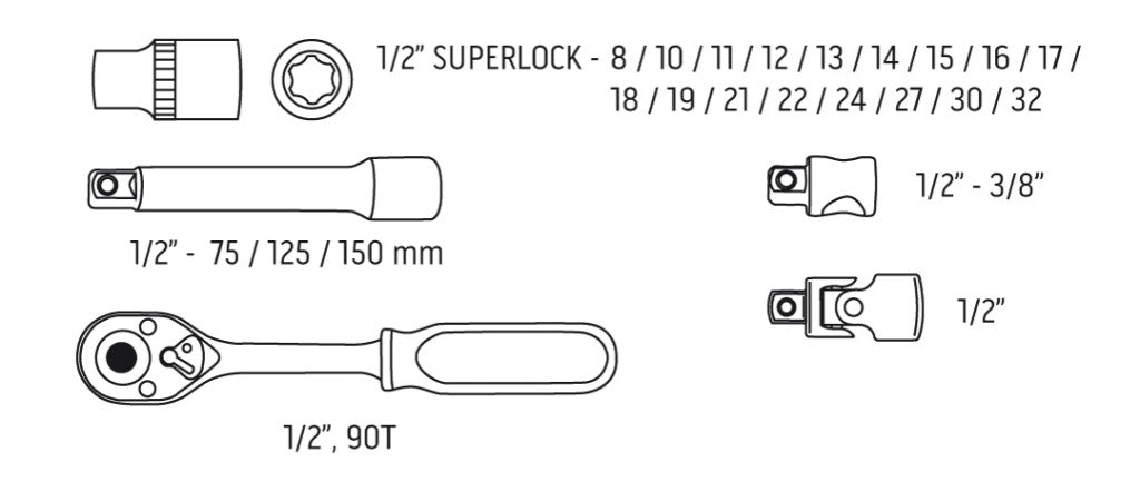 NEO TOOLS Dugókulcskészlet 1/2", 23db, 90 fogas racsni! 25 év garanciával 08-694