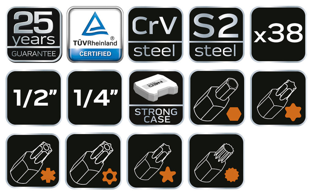 NEO TOOLS Torxbit és kulcskészlet 38db 08-710