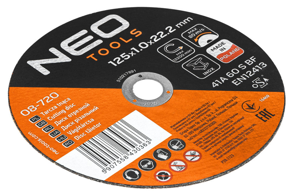 NEO TOOLS Vágókorong, fémhez, 125x1x22,2mm, 41A 60 S BF INOX, 25db/cs 08-720