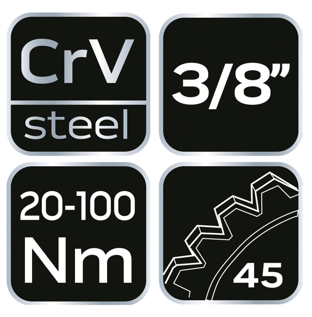 NEO TOOLS Nyomatékkulcs 3/8"x420mm, 20-100NM 25 év garanciával 08-824