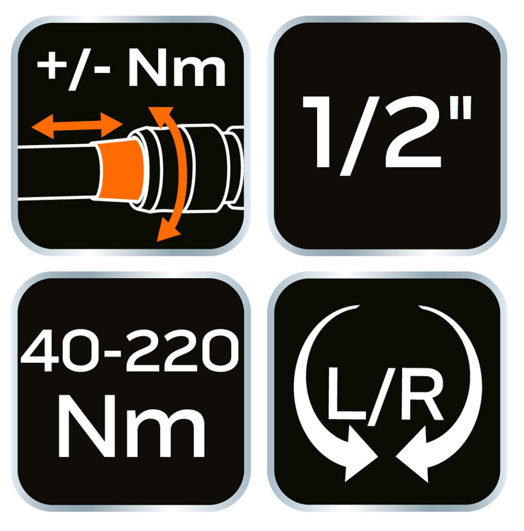 NEO TOOLS Nyomatékkulcs "double - click", 1/2", 40-220Nm 25 év garanciával 08-835