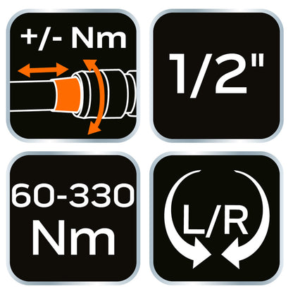 NEO TOOLS Nyomatékkulcs "double - click", 1/2", 60-330Nm 25 év garanciával 08-837
