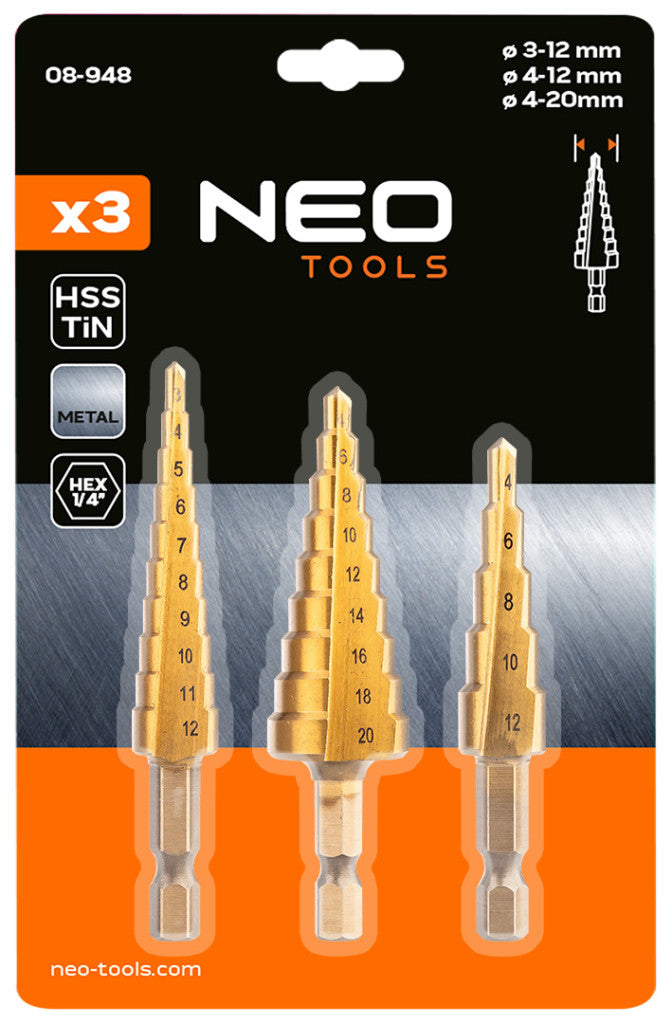 NEO TOOLS Lépcsős fúrókészlet, 3db-os, HSS-Titán, 3-20mm, hatszög szárral 08-948