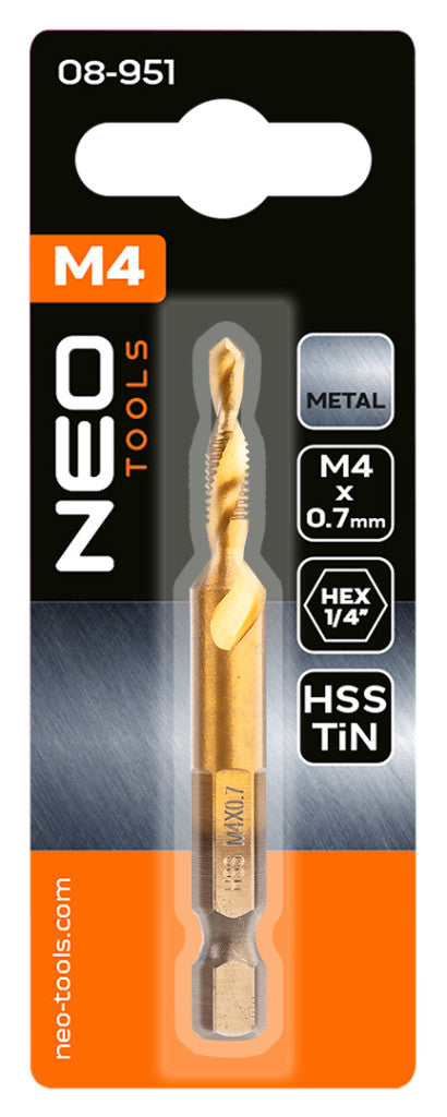 NEO TOOLS Gépi menetfúró, 2az1ben előfúró éllel, HSS-Titán, M4X0,7mm, hatszög szárral 08-951