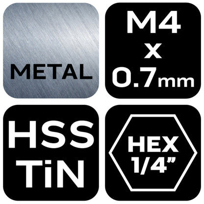 NEO TOOLS Gépi menetfúró, 2az1ben előfúró éllel, HSS-Titán, M4X0,7mm, hatszög szárral 08-951