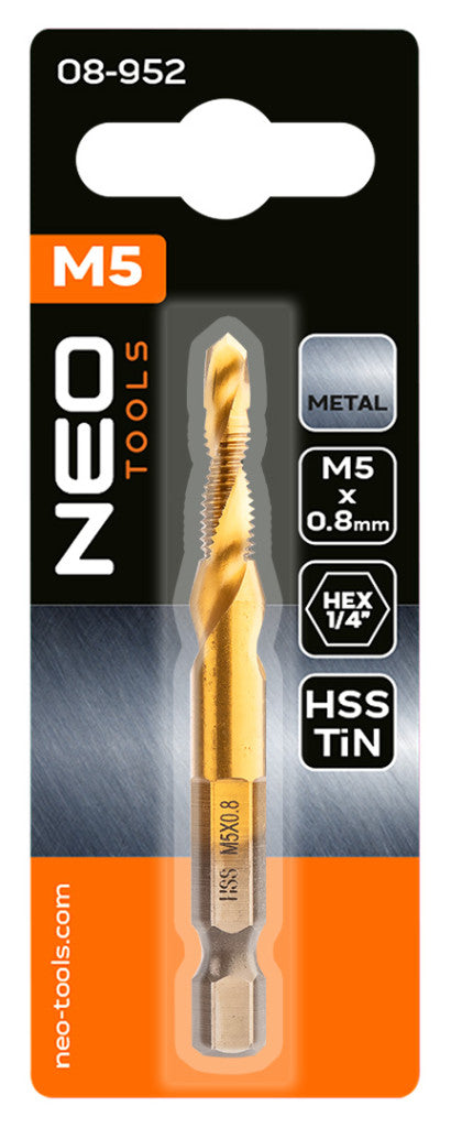 NEO TOOLS Gépi menetfúró, 2az1ben előfúró éllel, HSS-Titán, M5X0,8mm, hatszög szárral 08-952