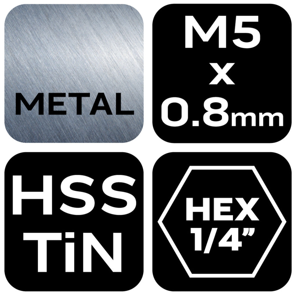 NEO TOOLS Gépi menetfúró, 2az1ben előfúró éllel, HSS-Titán, M5X0,8mm, hatszög szárral 08-952