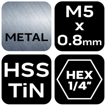 NEO TOOLS Gépi menetfúró, 2az1ben előfúró éllel, HSS-Titán, M5X0,8mm, hatszög szárral 08-952