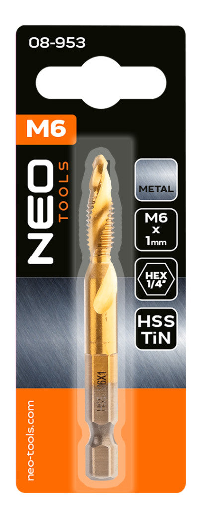 NEO TOOLS Gépi menetfúró, 2az1ben előfúró éllel, HSS-Titán, M6X1mm, hatszög szárral 08-953