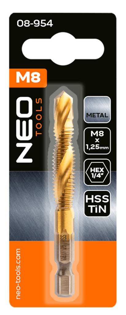 NEO TOOLS Gépi menetfúró, 2az1ben előfúró éllel, HSS-Titán, M8X1,25mm, hatszög szárral 08-954