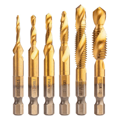 NEO TOOLS Gépi menetfúró készlet, 2az1ben előfúró éllel, HSS-Titán, M3-M10, 6db, hatszög szárral 08-959
