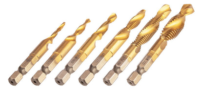 NEO TOOLS Gépi menetfúró készlet, 2az1ben előfúró éllel, HSS-Titán, M3-M10, 6db, hatszög szárral 08-959