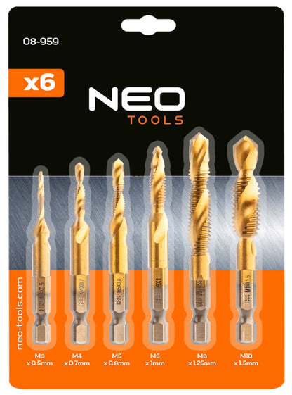NEO TOOLS Gépi menetfúró készlet, 2az1ben előfúró éllel, HSS-Titán, M3-M10, 6db, hatszög szárral 08-959