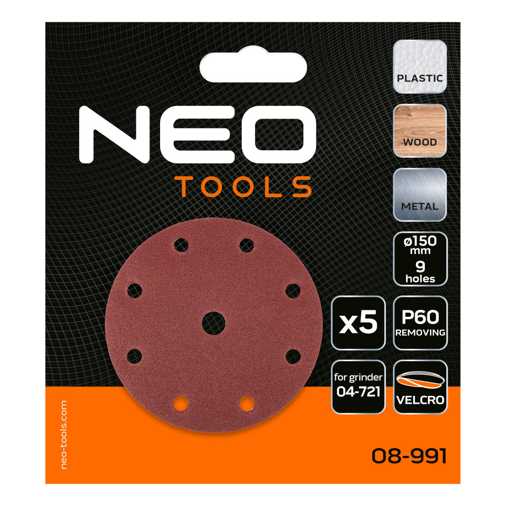 NEO TOOLS Csiszolókorong tépőzáras 150mm, P60, 9 lyukkal, 5db, 04-721-hez 08-991