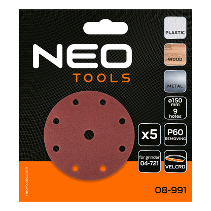 NEO TOOLS Csiszolókorong tépőzáras 150mm, P60, 9 lyukkal, 5db, 04-721-hez 08-991