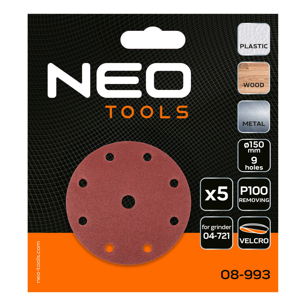 NEO TOOLS Csiszolókorong tépőzáras 150mm, P100, 9 lyukkal, 5db, 04-721-hez 08-993