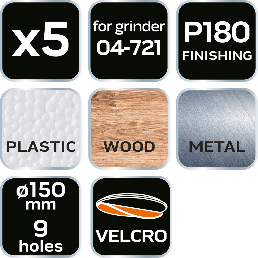 NEO TOOLS Csiszolókorong tépőzáras 150mm, P180, 9 lyukkal, 5db, 04-721-hez 08-995
