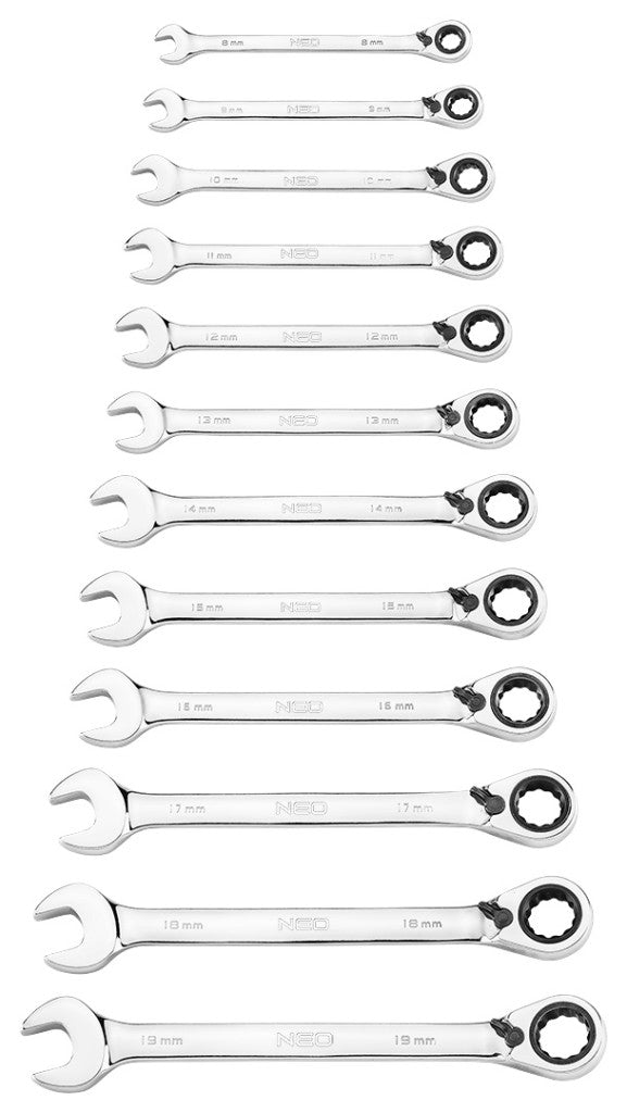 NEO TOOLS Racsnis csillag-villáskulcs készlet 12db, 8-19mm 25 év garanciával 09-345