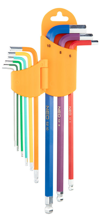 NEO TOOLS Imbuszkulcs készlet 9db hosszú 1.5-10mm, színes 25 év garanciával 09-512