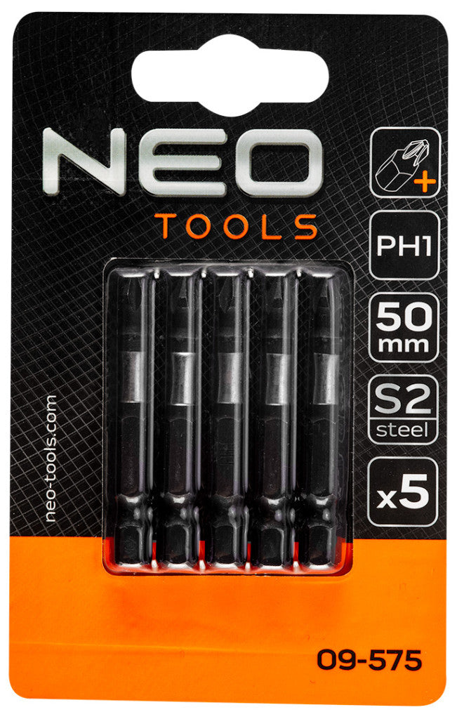 NEO TOOLS Torziós ütvecsavarozó bitek S2, 50mm, PH1, 5db 09-575