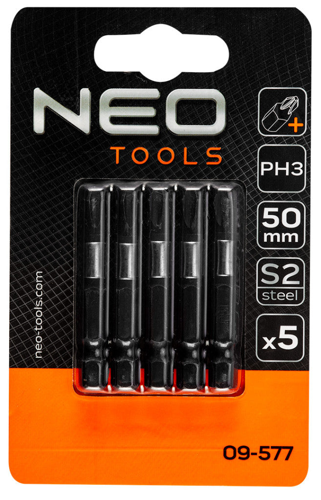 NEO TOOLS Torziós ütvecsavarozó bitek S2, 50mm, PH3, 5db 09-577
