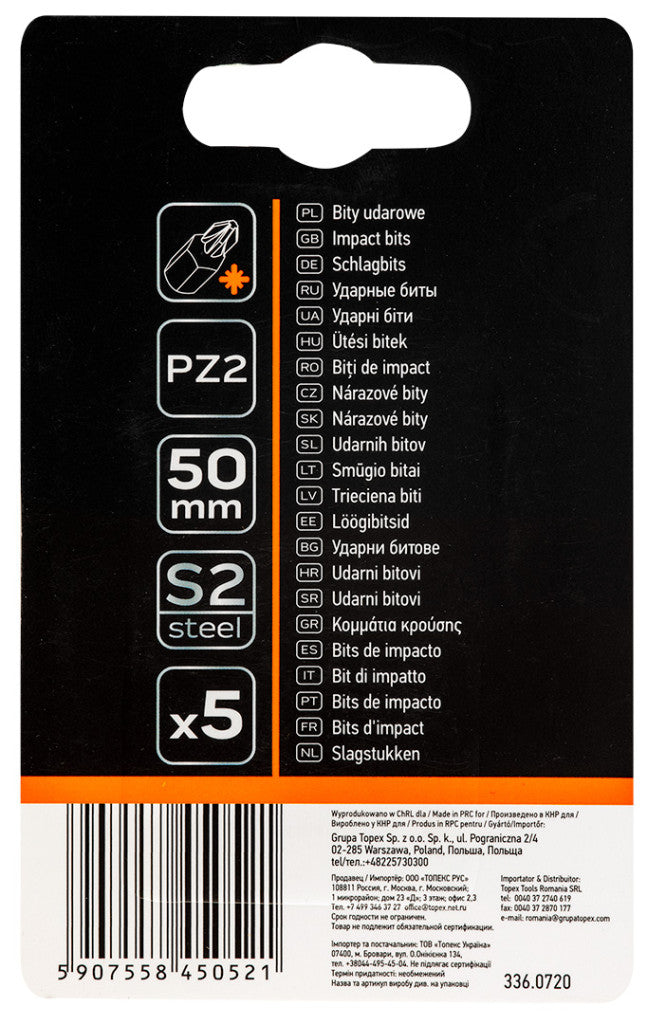 NEO TOOLS Torziós ütvecsavarozó bitek S2, 50mm, PZ2, 5db 09-579