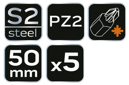 NEO TOOLS Torziós ütvecsavarozó bitek S2, 50mm, PZ2, 5db 09-579