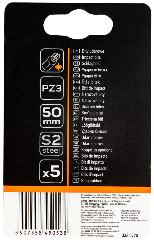 NEO TOOLS Torziós ütvecsavarozó bitek S2, 50mm, PZ3, 5db 09-580