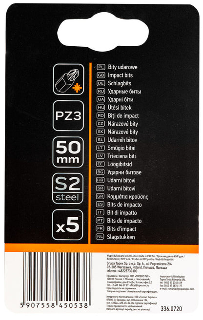 NEO TOOLS Torziós ütvecsavarozó bitek S2, 50mm, PZ3, 5db 09-580