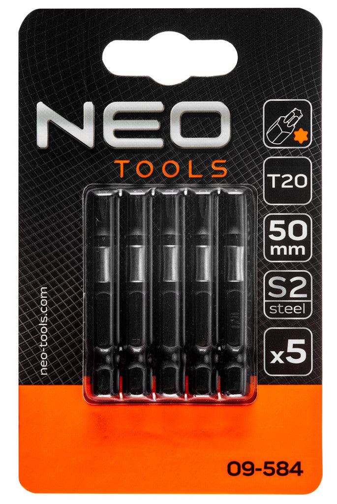 NEO TOOLS Torziós ütvecsavarozó bitek S2, 50mm, T20, 5db 09-584