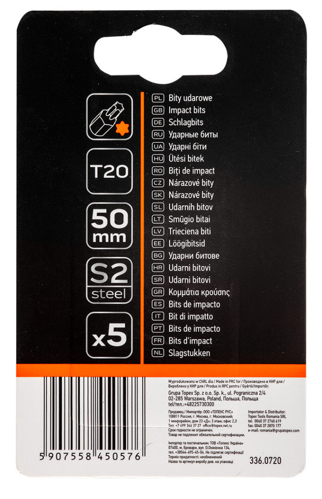 NEO TOOLS Torziós ütvecsavarozó bitek S2, 50mm, T20, 5db 09-584