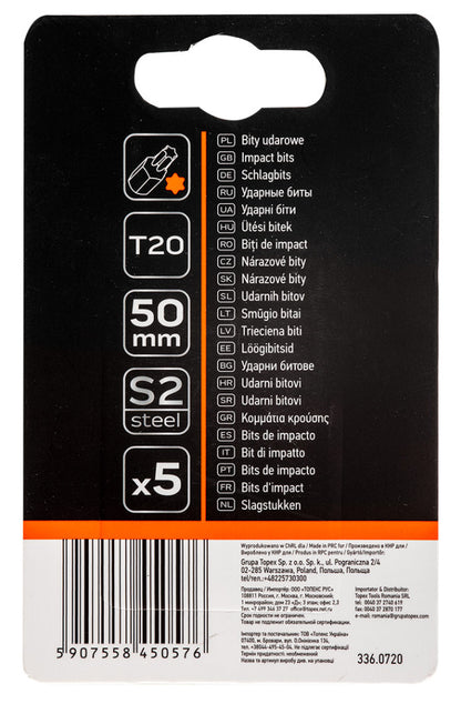 NEO TOOLS Torziós ütvecsavarozó bitek S2, 50mm, T20, 5db 09-584