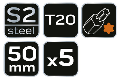 NEO TOOLS Torziós ütvecsavarozó bitek S2, 50mm, T20, 5db 09-584