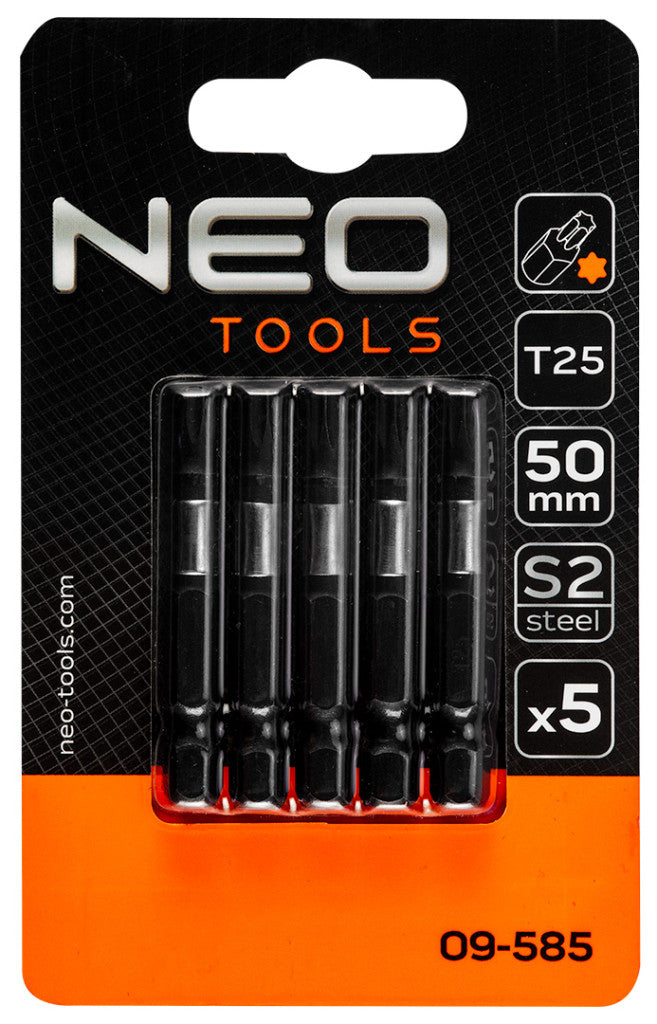 NEO TOOLS Torziós ütvecsavarozó bitek S2, 50mm, T25, 5db 09-585