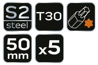 NEO TOOLS Torziós ütvecsavarozó bitek S2, 50mm, T30, 5db 09-587