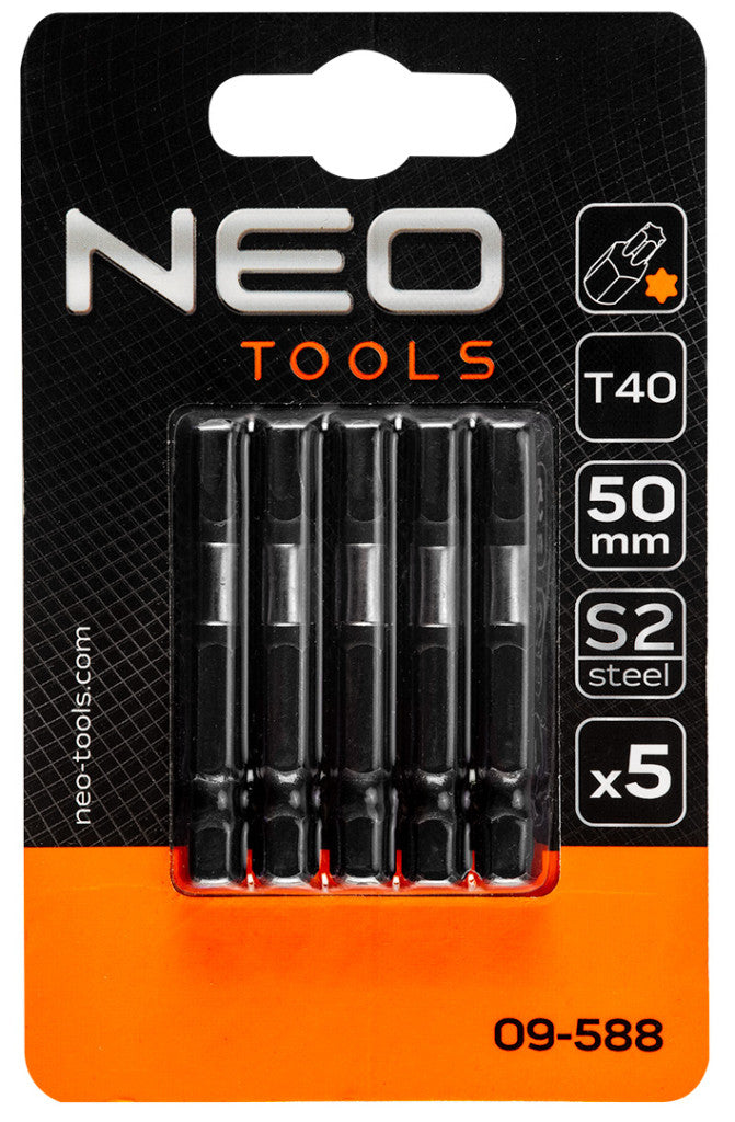 NEO TOOLS Torziós ütvecsavarozó bitek S2, 50mm, T40, 5db 09-588