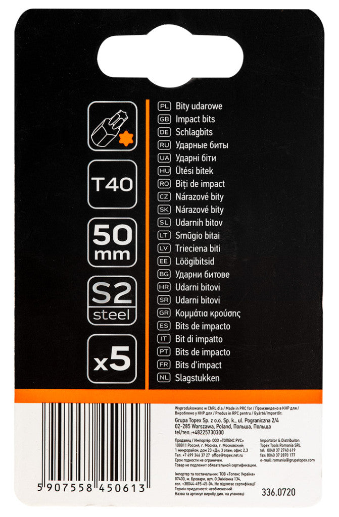 NEO TOOLS Torziós ütvecsavarozó bitek S2, 50mm, T40, 5db 09-588